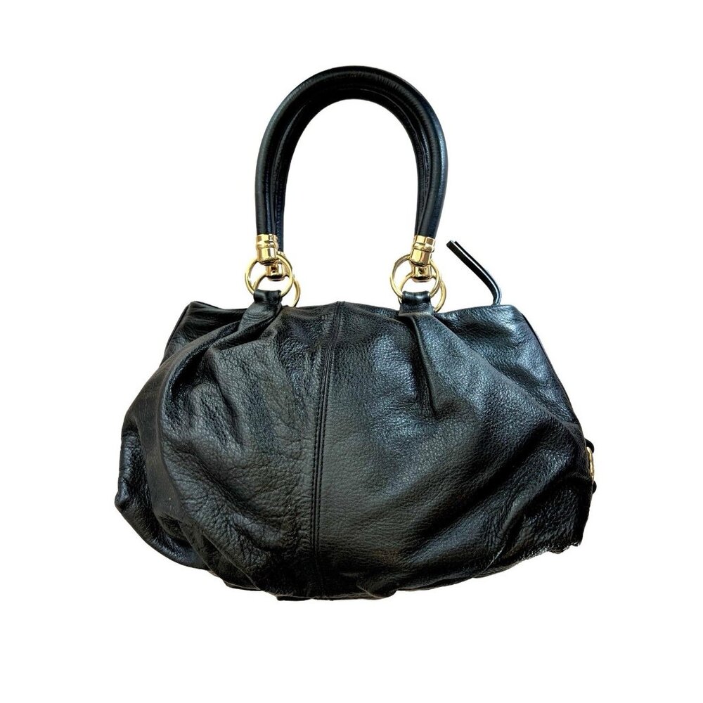 Antonio Melani Black Leather Shoulder Purse Rosebud Accents Gold Metal - Picture 5 of 11